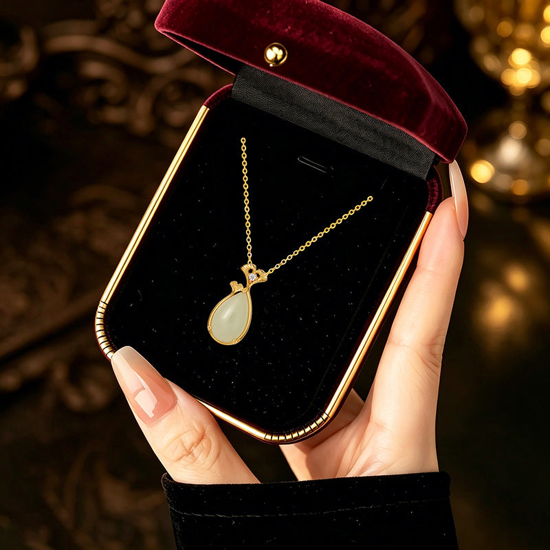 New Chinese Style Ginkgo Leaf Hetian Jade Water Drop Set S925 Sterling Silver Necklace Earrings Light Luxury National Style Valentine's Day Gift