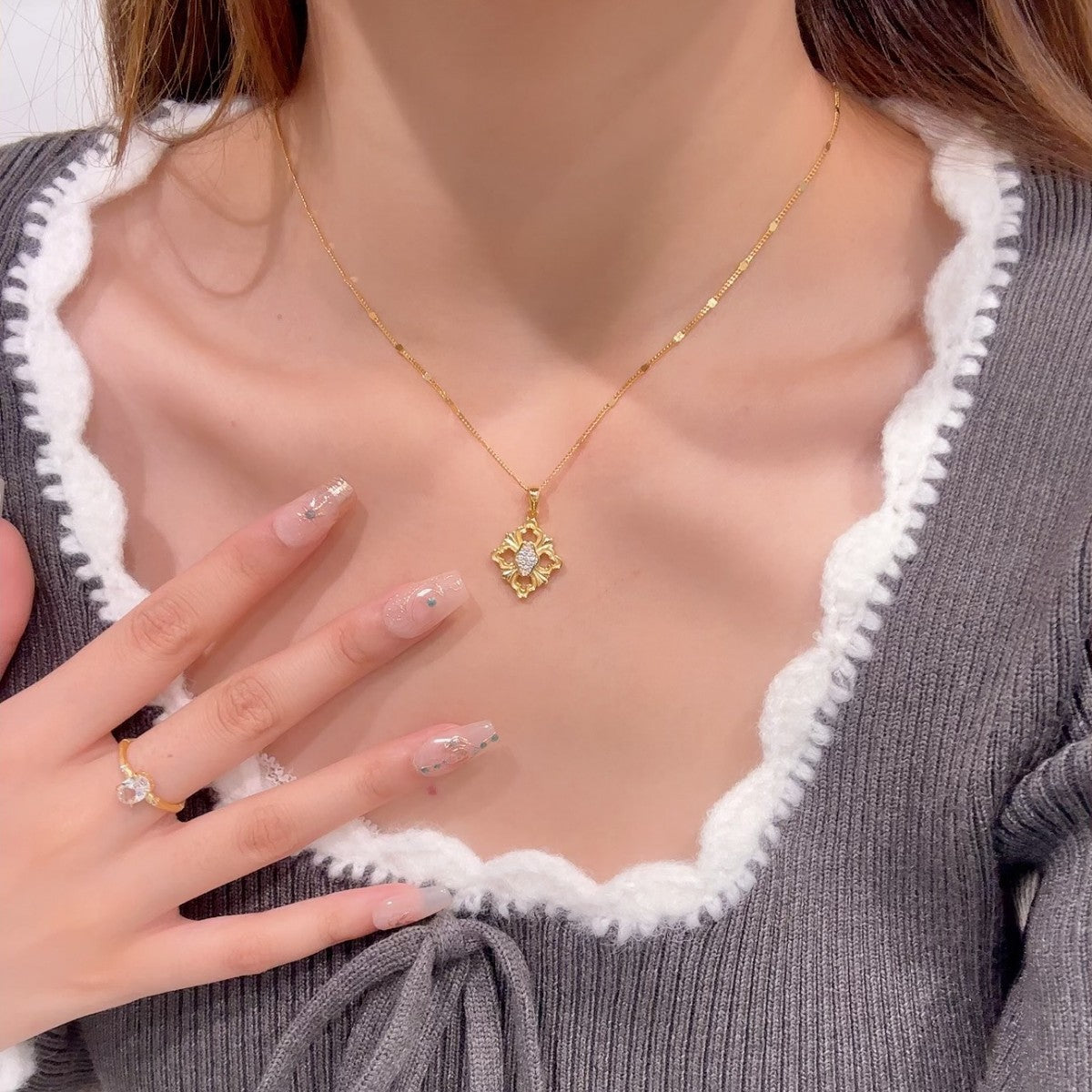 Gold Lace Sterling Silver 925 Necklace Vintage Buqi Style Handmade Brushed Zircon Clavicle Chain Light Luxury High-Grade Pendant