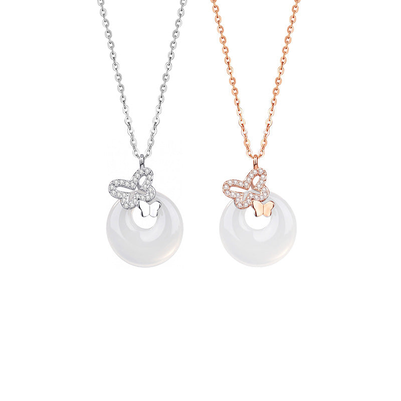 S925 Sterling Silver Necklace Women's Natural White Chalcedony Safety Buckle Butterfly Pendant National Style Women's Birthday Gift Clavicle Chain