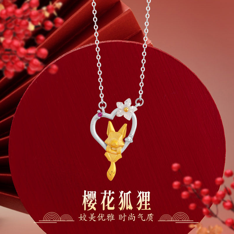 Fox Sterling Silver 925 Necklace Women's National Fashion New Year Love Clavicle Chain Ins Light Luxury Style Peach Blossom Fox Fairy Pendant