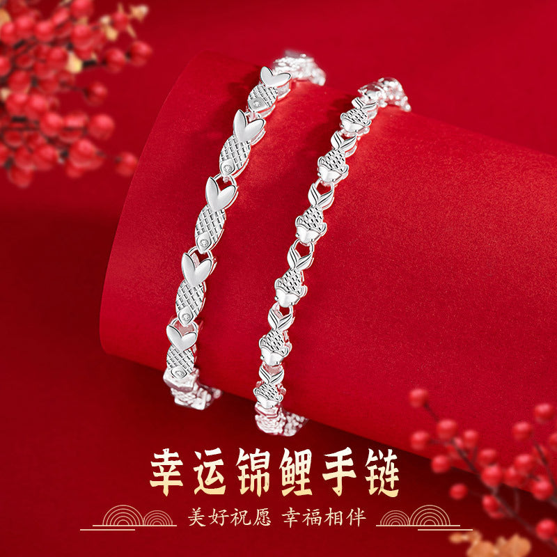 Lucky Koi Fish Pure Silver 999 Bracelet Female Light Luxury High-Grade Feeling Good Luck Ashore Bracelet Ins Style Birth Year Bracelet