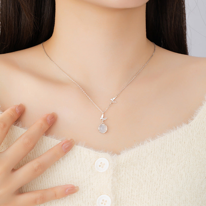 Original Butterfly Pure Silver 999 Necklace Female Niche Design Light Luxury Chalcedony Clavicle Chain Ins Style Flower Pendant