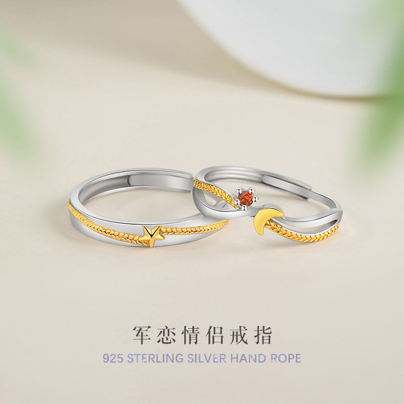 Army Love Foot Silver 999 Couple Ring Light Luxury High-Grade Star Long-Distance Love Zircon Ring Ins Wind Wheat Ear Ring