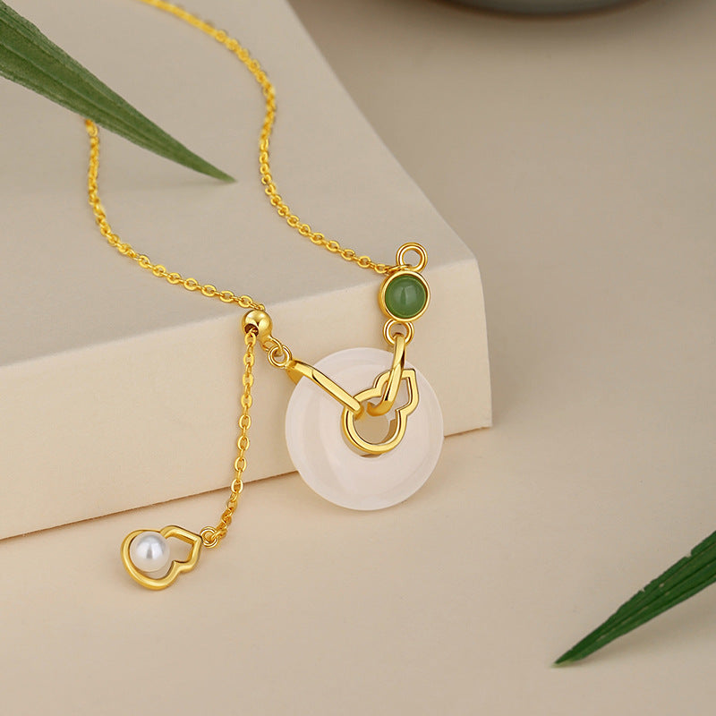 Fu Lu Double Full Sterling Silver 925 Chalcedony Necklace National Fashion Pearl Gourd Clavicle Chain Peace Buckle Hetian Jasper Pendant