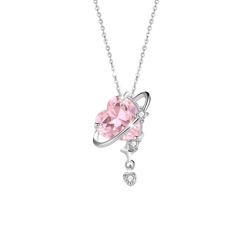 Lovely Sterling Silver 925 Necklace Female Niche Design Light Luxury Pink Zircon Clavicle Chain Get Things Ins Planet Pendant
