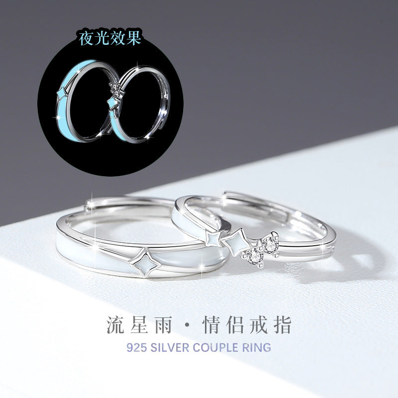 Meteor Shower Luminous Sterling Silver 925 Couple Ring Men and Women Fashion All-Match Zircon Ring Ins Wind Star Ring