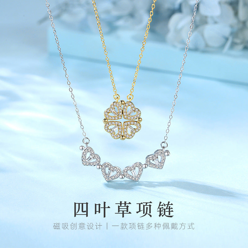 Lucky Clover Sterling Silver 925 Necklace Niche Design Magnetic Clavicle Chain a Two-Piece Zircon Love Pendant