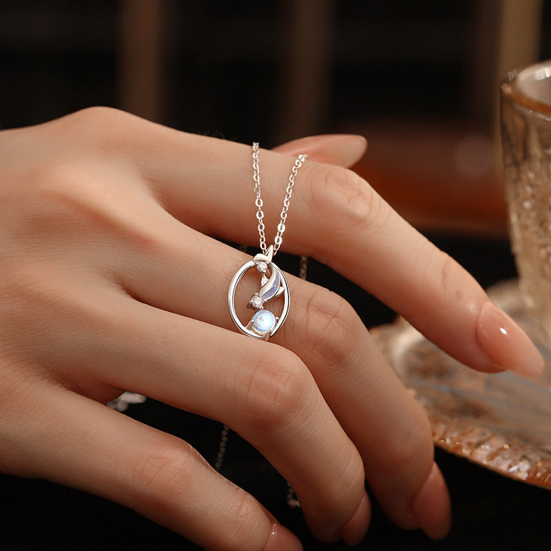 New Necklace S925 Sterling Silver Dreamy Whale Moonstone Enamel Craft Luminous Fishtail Lover Ring Gift Accessories