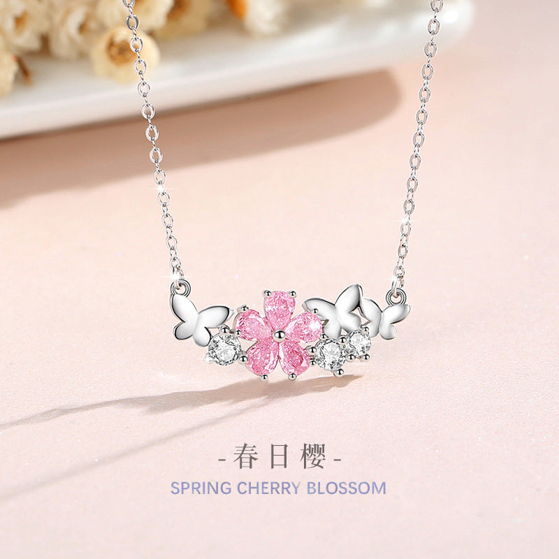 Cherry Blossom Sterling Silver 925 Necklace Female Niche Design Light Luxury Pink Diamond Clavicle Chain 520 Valentine's Day Butterfly Pendant