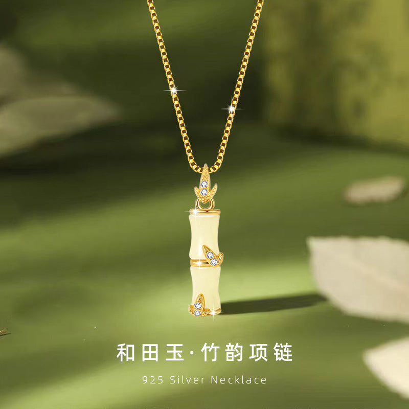 Festival High-Rise Hetian Jade Sterling Silver 925 Necklace National Fashion Ethnic Style Bamboo Clavicle Chain Ins Bamboo Zircon Pendant