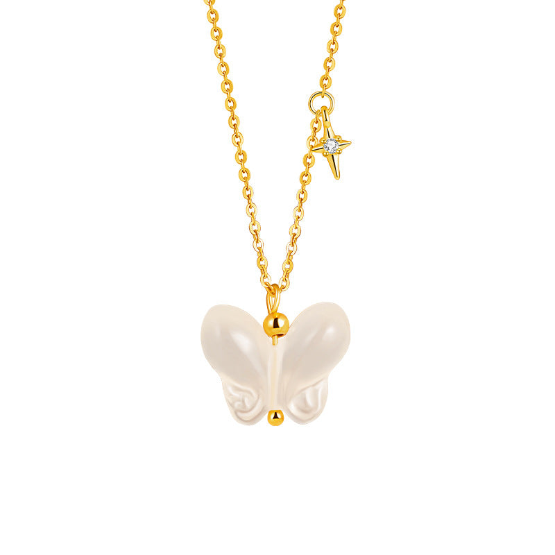 New Chinese Style Butterfly Jade Jewelry Natural Ice Chalcedony Pendant Exquisite S925 Sterling Silver Necklace Gold-Plated Clavicle Chain