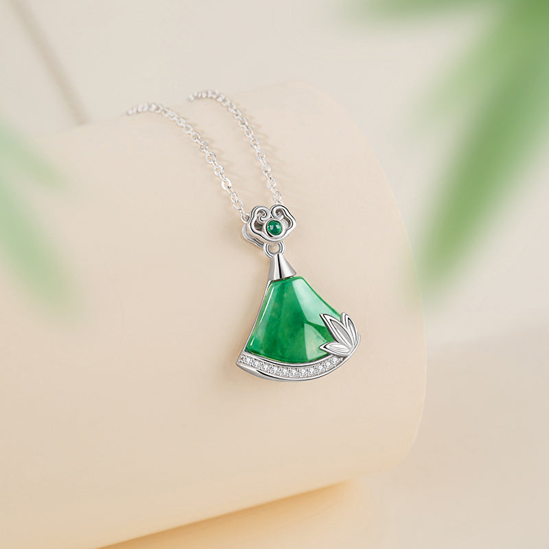 Fan-Shaped Sterling Silver 925 Natural African Emerald Necklace Women's National Fashion Bamboo Knot Ruyi Clavicle Chain Ins Style Ginkgo Leaf Pendant