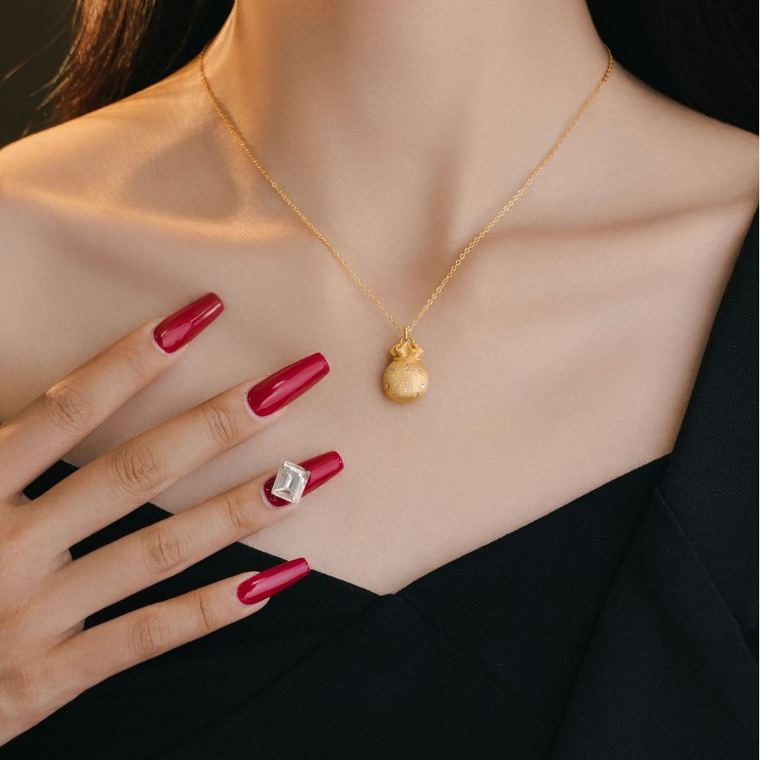 Small Lucky Bag Sterling Silver 925 Necklace New Chinese National Fashion Brushed Money Bag Clavicle Chain Lucky Treasure Rich Pendant