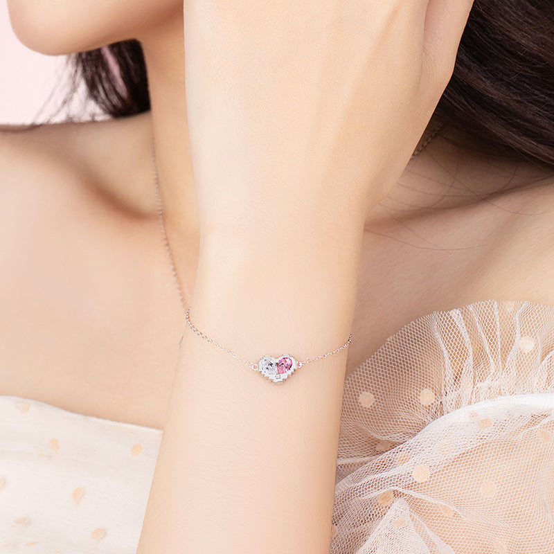 Lovely Sterling Silver 925 Bracelet Female Niche Design Light Luxury Pink Zircon Bracelet Ins Style Heart with Your Bracelet