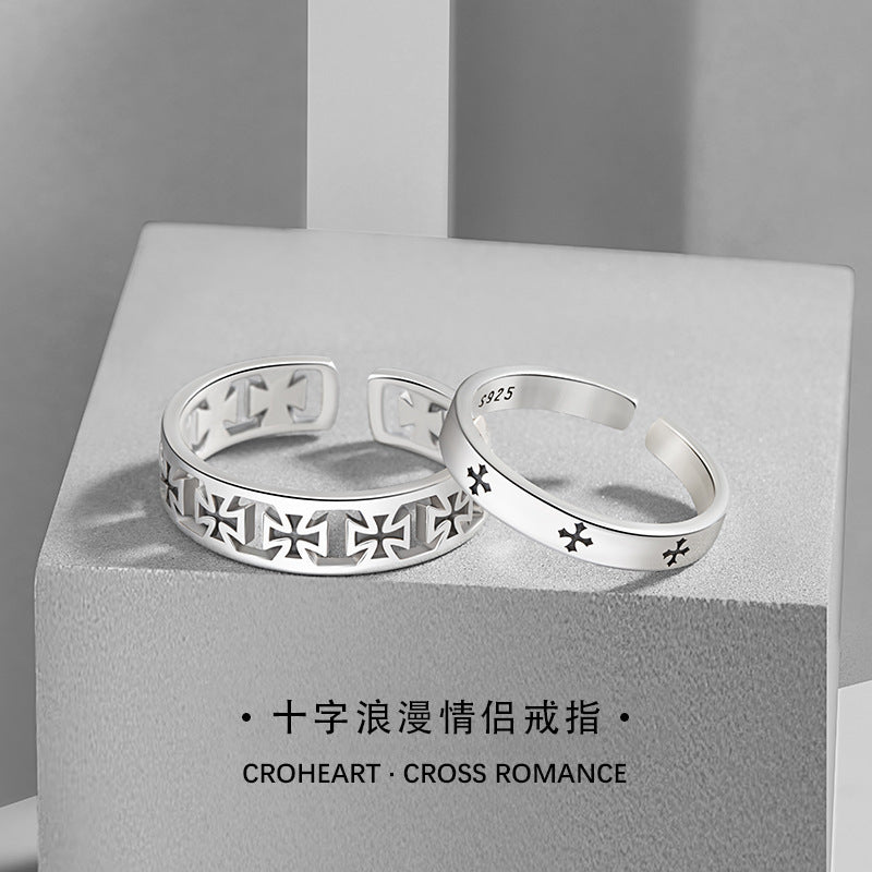 Cross Sterling Silver 925 Couple Ring Men and Women Niche Design Light Luxury Star Ring Ins Valentine's Day Ring