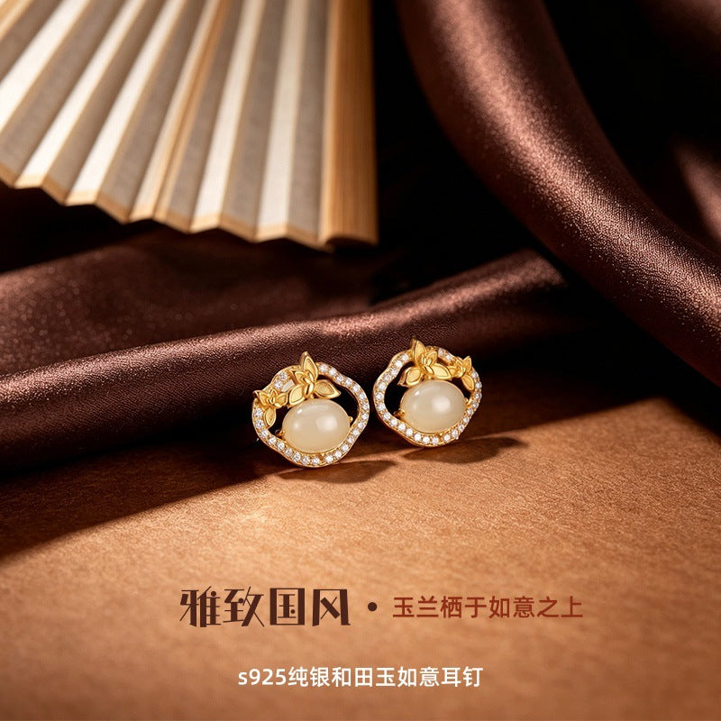 S925 Sterling Silver Hetian Jade Stud Earrings Women's New Chinese Style Ruyi Magnolia Vintage National Style Earrings Valentine's Day Gift