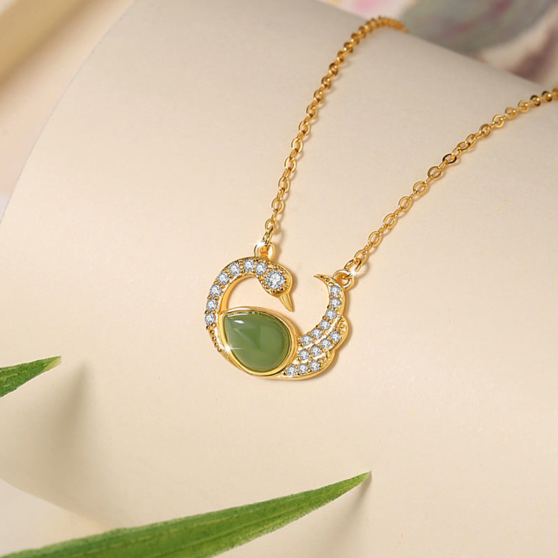 Original Swan Sterling Silver 925 Hetian Jasper Necklace Women's New Chinese Style Light Luxury Zircon Clavicle Chain Water Drop Pendant