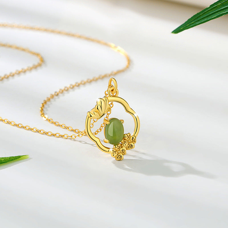Flower Four Seasons Sterling Silver 925 Hetian Jasper Necklace Women's National Fashion Classical Spring, Summer, Autumn and Winter Clavicle Chain Lotus Pendant