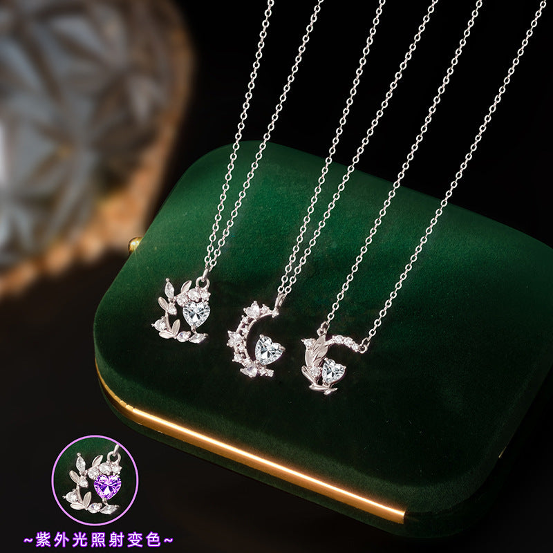 Light-Changing Heart Stone Leaf S925 Sterling Silver Necklace UV Color-Changing Crescent Clavicle Chain Niche Girl Heart Jewelry