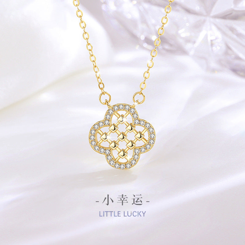 Lucky Clover Sterling Silver 925 Necklace Female Niche Design Light Luxury Zircon Clavicle Chain Ins Style Flower Pendant