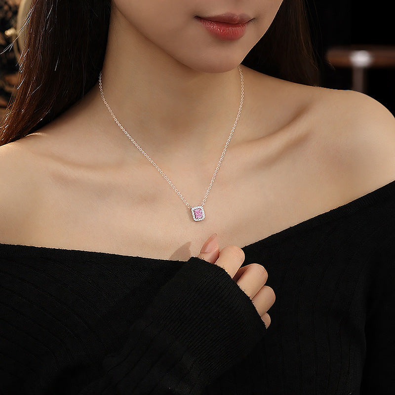 New S925 Sterling Silver Necklace Women's Light Luxury Square Sugar Diamond Gentle Wind Clavicle Chain Valentine's Day Confession Birthday Gift
