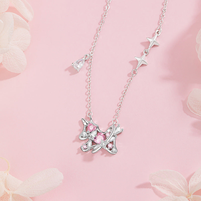 Unicorn Sterling Silver 925 Necklace Female Sweet Cute Love Zircon Clavicle Chain Ins Valentine's Day Star Pendant