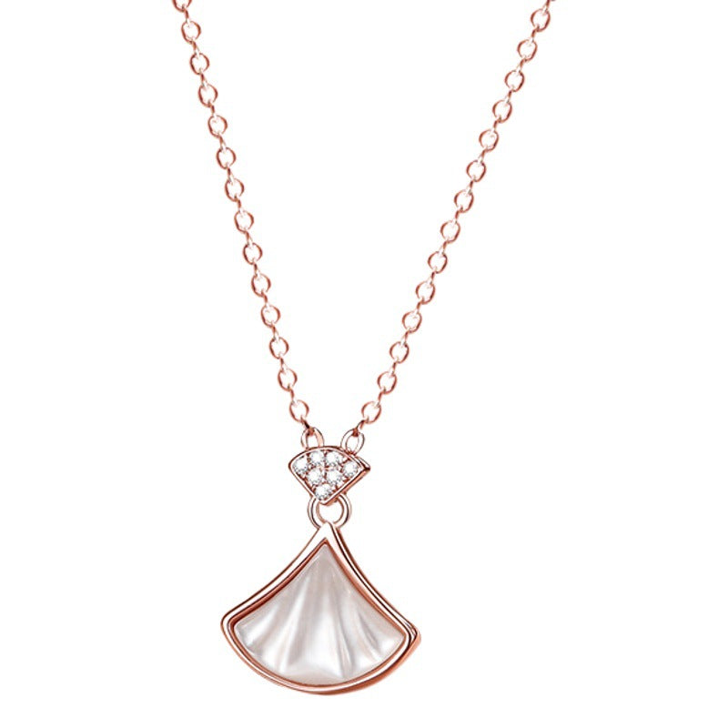 Small Skirt Sterling Silver 925 Necklace Female Niche Design Light Luxury White Fritillary Fan Clavicle Chain Zircon Shell Pendant