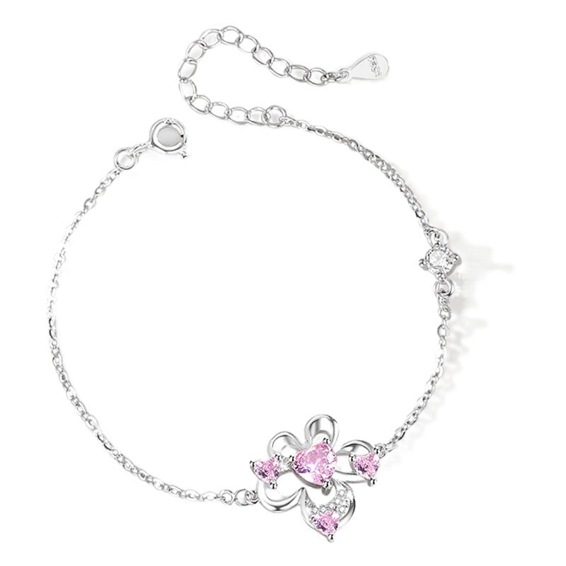 Flower Sterling Silver 925 Bracelet Women's Fashion All-Match Pink Zircon Bracelet, INS Style Lovely Floral Bracelet