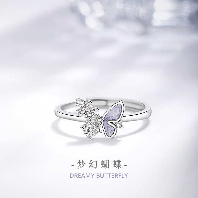 Fantasy Butterfly Sterling Silver S925 Ring Female Fashion Niche Versatile Adjustable Ring Ins Style Zircon Bracelet