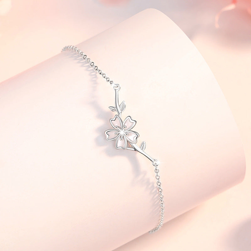 Cherry Blossom Sterling Silver 925 Bracelet Female Niche Design Light Luxury Love Flower Bracelet for Girls Ins Style Peach Blossom Bracelet