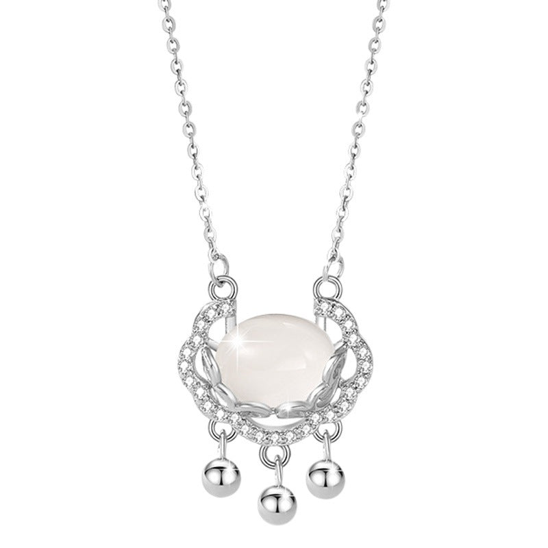 Chalcedony Safety Lock Sterling Silver 925 Necklace Women's National Fashion Ethnic Style Zircon Clavicle Chain Goods Ins Style Auspicious Cloud Pendant