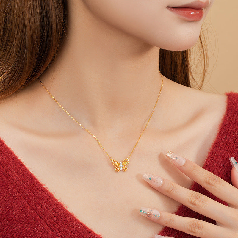 Butterfly Sterling Silver 925 Necklace Female Niche Design Light Luxury Shijia Pearl Clavicle Chain Ins Style Hollow Pendant