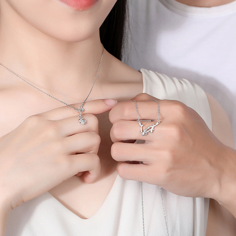 Thorn Rose Sterling Silver 925 Couple Necklace for Men and Women Mori Japanese and Korean Valentine's Day Gift Ins Style Branch Pendant