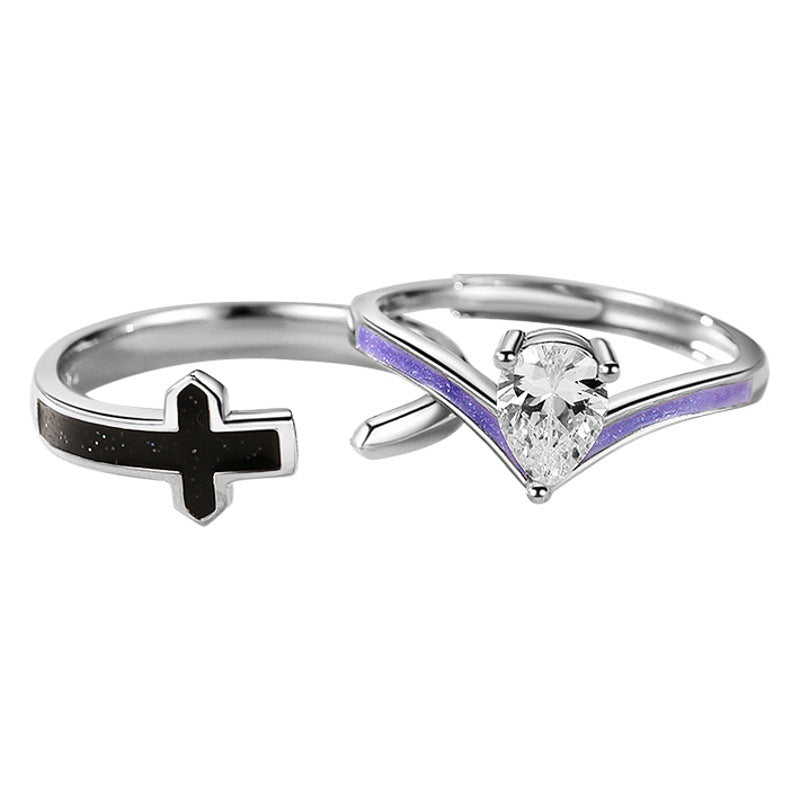 Princess and Knight Sterling Silver 925 Couple Ring Men's and Women's Niche Design Style Cross Zircon Crown Ring