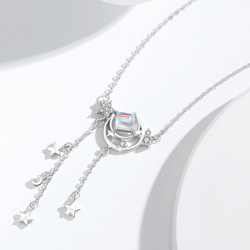 Moon Sterling Silver 925 Necklace Women's Light Luxury All-Match Meteor Shower Clavicle Chain Ins Star Tassel Glass Stone Pendant