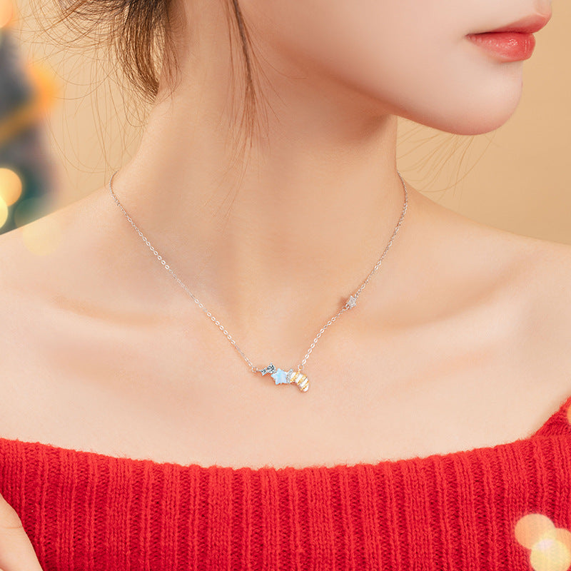 Christmas Socks Sterling Silver 925 Necklace Female Niche Design Light Luxury Glass Stone Clavicle Chain Ins Style Star Pendant
