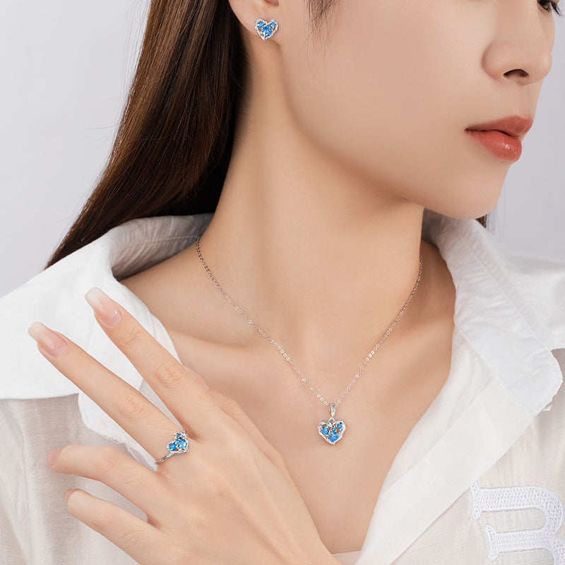 S925 Sterling Silver Ocean Heart Necklace Female Niche Zircon Clavicle Chain Ins Style Love Pendant Jewelry Set