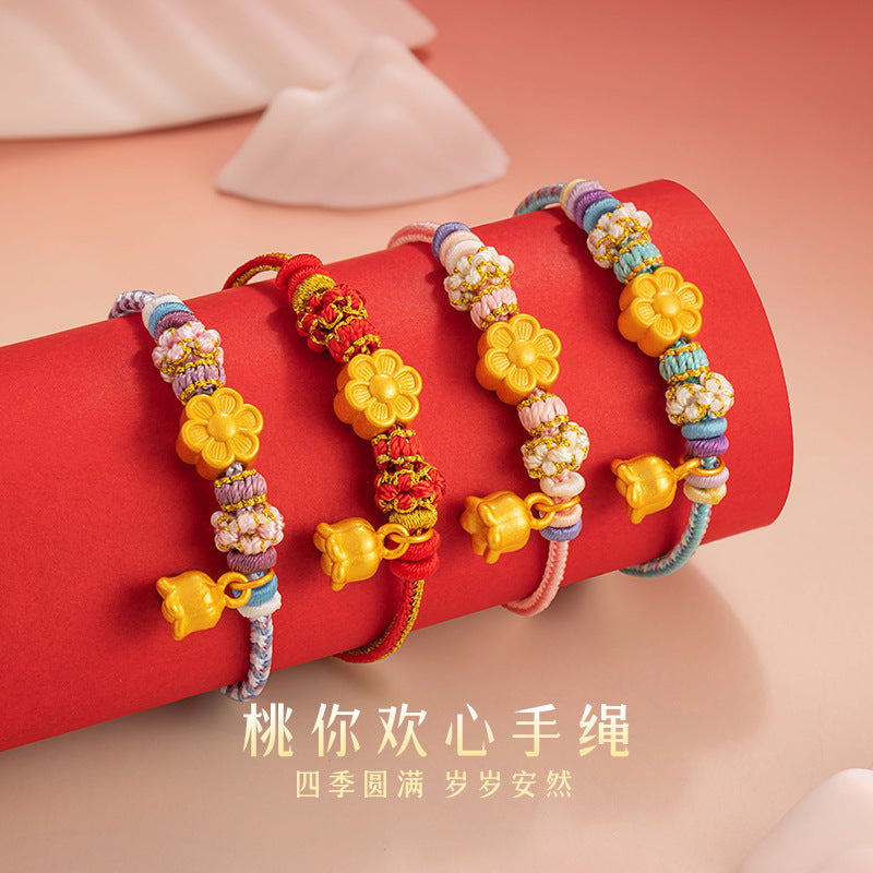Peach Blossom Pure Silver 999 Bracelet Female New Chinese National Fashion Orchid Woven Bracelet Ins Style Peach Blossom Bracelet