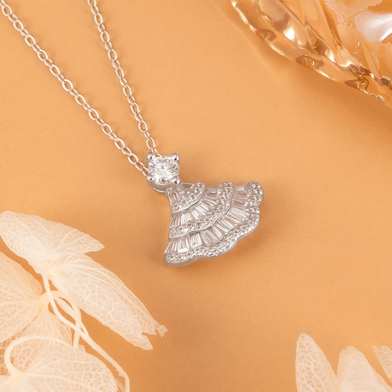 S925 Sterling Silver Necklace Women's Light Luxury Full Diamond Fan-Shaped Pendant Internet Celebrity Same Style Shining Skirt Silver Jewelry Wholesale for Girlfriend