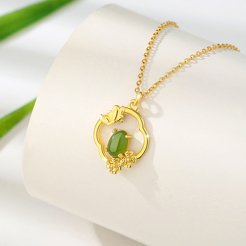 Flower Four Seasons Sterling Silver 925 Hetian Jasper Necklace Women's National Fashion Classical Spring, Summer, Autumn and Winter Clavicle Chain Lotus Pendant