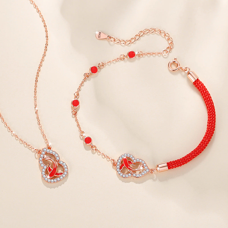 Fu Lu Double Full Sterling Silver 925 Necklace Women's National Fashion Court Style Gourd Zircon Clavicle Chain Lucky Koi Fish Pendant
