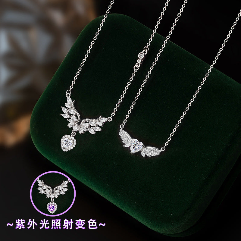 S925 Silver Necklace Women's Light Luxury Niche Angel Wings Love UV Color-Changing Stone Clavicle Chain Ins Style Jewelry