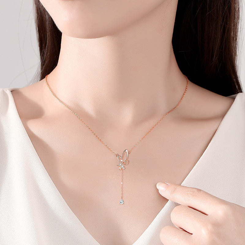 Butterfly Sterling Silver 925 Necklace Women's Fashion All-Match Zircon Clavicle Chain Valentine's Day Goods Ins Style Tassel Pendant