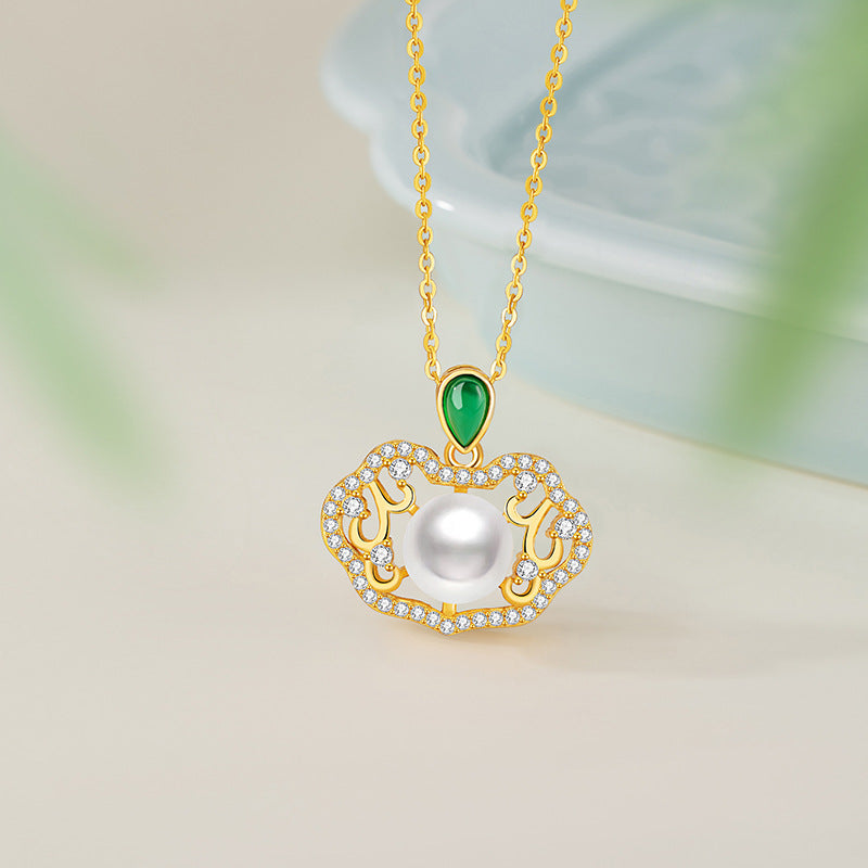 Xiangyun Ruyi Lock Sterling Silver 925 Necklace Women's New Chinese National Fashion Natural Freshwater Pearl Clavicle Chain Chalcedony Pendant