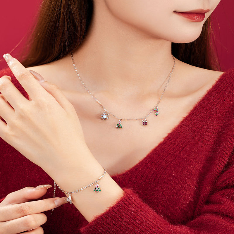Christmas Tree Sterling Silver 925 Necklace Niche Design Light Luxury Snowflake Zircon Clavicle Chain Ins Style Bow Pendant