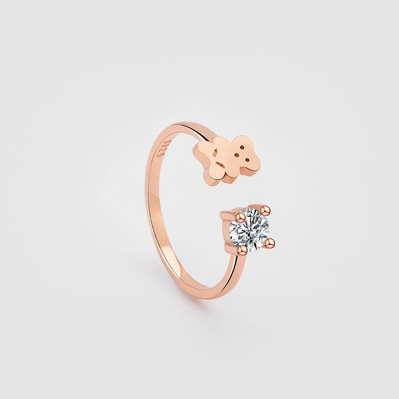 Teddy Bear Sterling Silver 925 Ring Female Fashion Versatile Zircon Ring Ins Style Cute Cute Bear Adjustable Ring