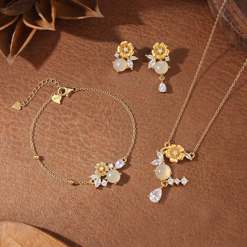 Mo Li S925 Sterling Silver Hetian Jade Necklace Bracelet Stud Earrings Jasmine Design Sense New Chinese Style Light Luxury Gift Silver Jewelry