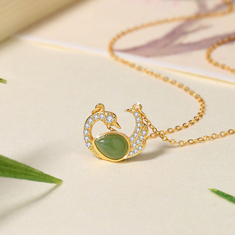 Original Swan Sterling Silver 925 Hetian Jasper Necklace Women's New Chinese Style Light Luxury Zircon Clavicle Chain Water Drop Pendant
