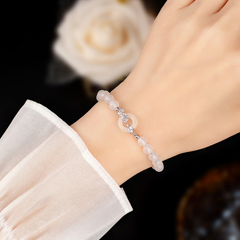 New Chinese Style S925 Sterling Silver Little Prince and Rose Couple Bracelet Natural Agate Safety Buckle High-Grade Bracelet