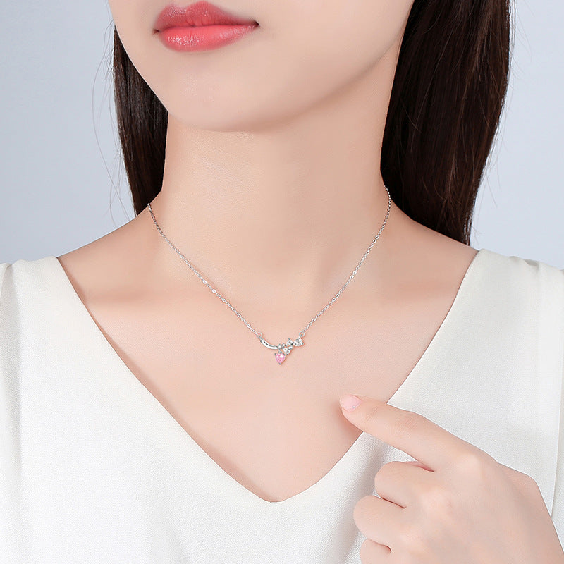 Lovely Sterling Silver 925 Necklace Women's Fashion Versatile Pink Zircon Clavicle Chain 520 Valentine's Day Star Pendant